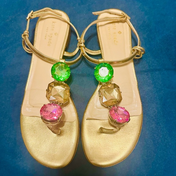 Kate Spade 3 Rhinestone, Gold, Flat Sandals. Leather, Made in Italy. Rare find. - Picture 2 of 9